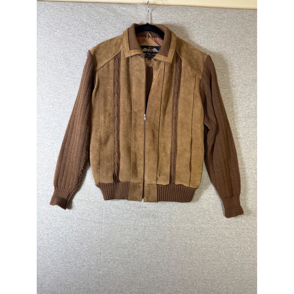Vintage RAF Genuine Suede Leather Knit Bomber Jacket Mens Large Brown Full Zip